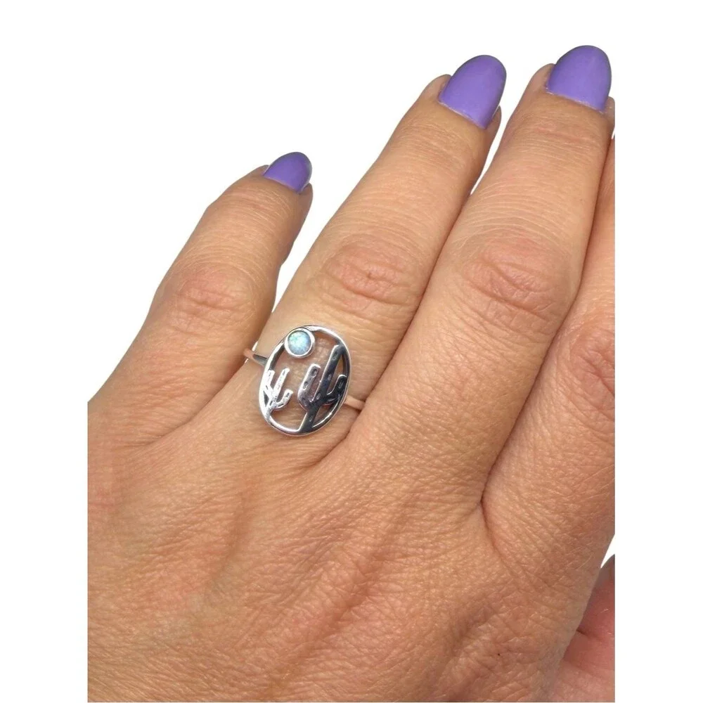 Fire Opal Cactus Ring Size 6 Solid 925 Sterling Silver Cacti Desert Scene